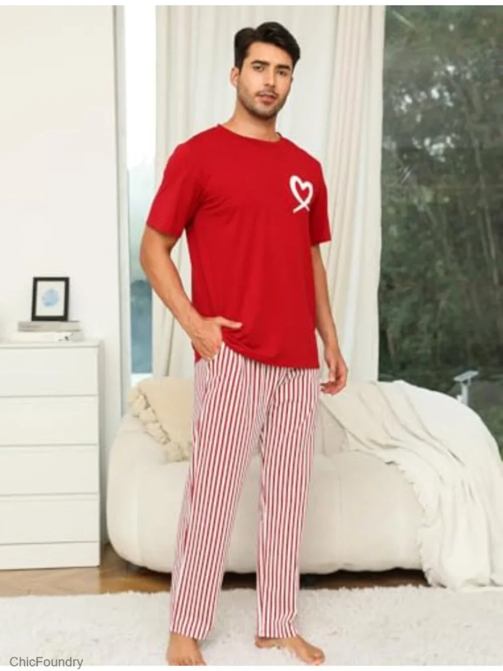 Cotton Couple Pajama Set Short Sleeve Top & Long Pants Sleepwear
